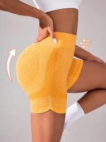 Seamluxe SHEIN Sport Basic Yoga Seamless High Waist Compression Shorts With Butt Lift, Stretch Fit - Yellow - View 2