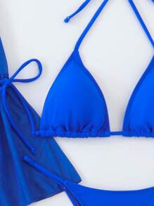 夏季沙灘純色露背連身三角泳裝2件套，搭配不對稱長袖開衫遮陽衣和拉繩褶皺短裙，共4件裝 - 寶藍色 - 查看 7