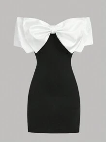 SHEIN Teen Girls' Black & White Off Shoulder Dress With Oversized Bow For Party Or Elegant Streetwear