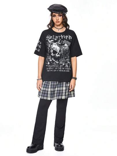 Academia Vintage Gothic Style Skull Spider Printed Loose Women's T-Shirt