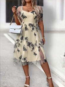 SHEIN Clasi Plus Size Summer Casual Butterfly Embroidery Mesh Puff Sleeve Dress - Apricot - View 5