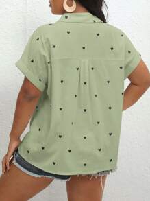 SHEIN VCAY 加心印花蝙蝠袖夏季襯衫 - 綠色 - 查看 2