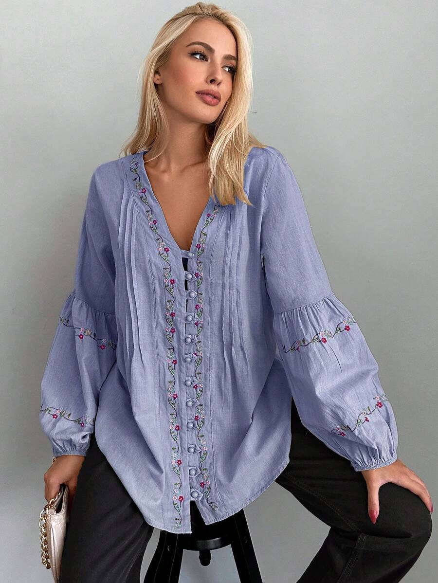 SHEIN Cottnline 花朵刺繡燈籠袖襯衫 - 紫色 - 查看 1