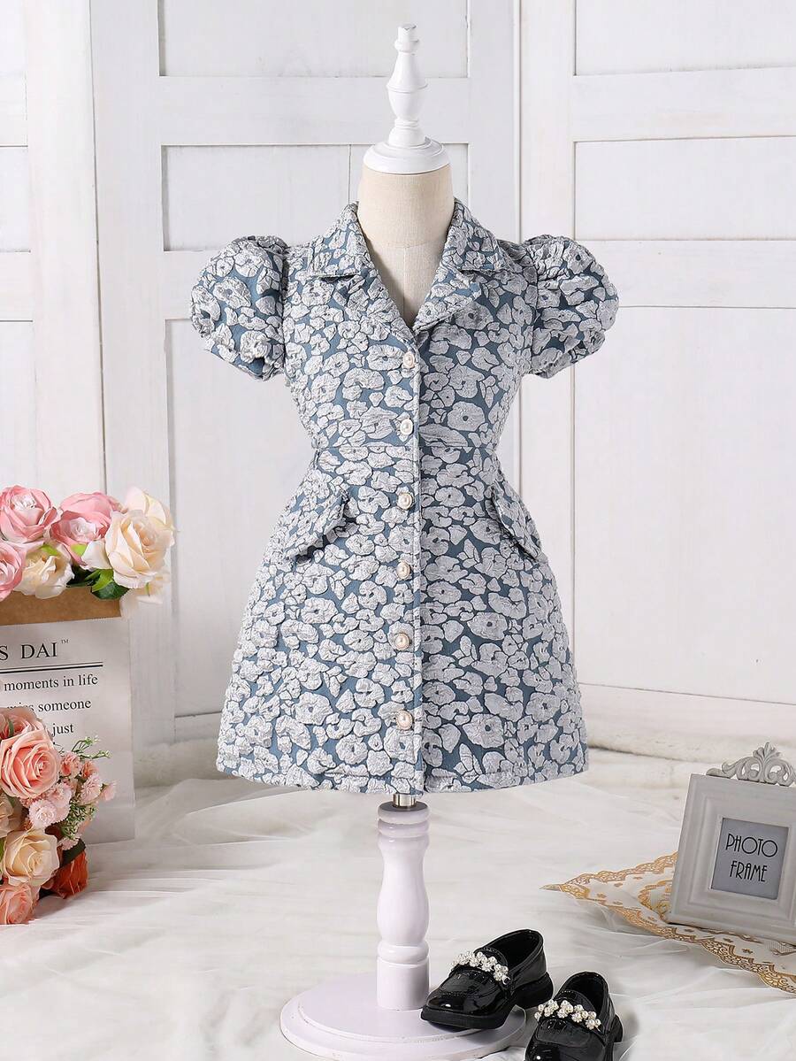 SHEIN Váy ngắn tay in hoa cho cô gái trẻ - Màu xanh lam - Xem 1