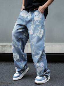 Manfinity EMRG Floral Printed Casual Jeans With Pockets Graphic Wide Jeans Long Baggy Floral Light Blue Washed Cargo Jeans, For Husband, Boyfriend Gifts Going Out Hang Out Vacation Street Urban