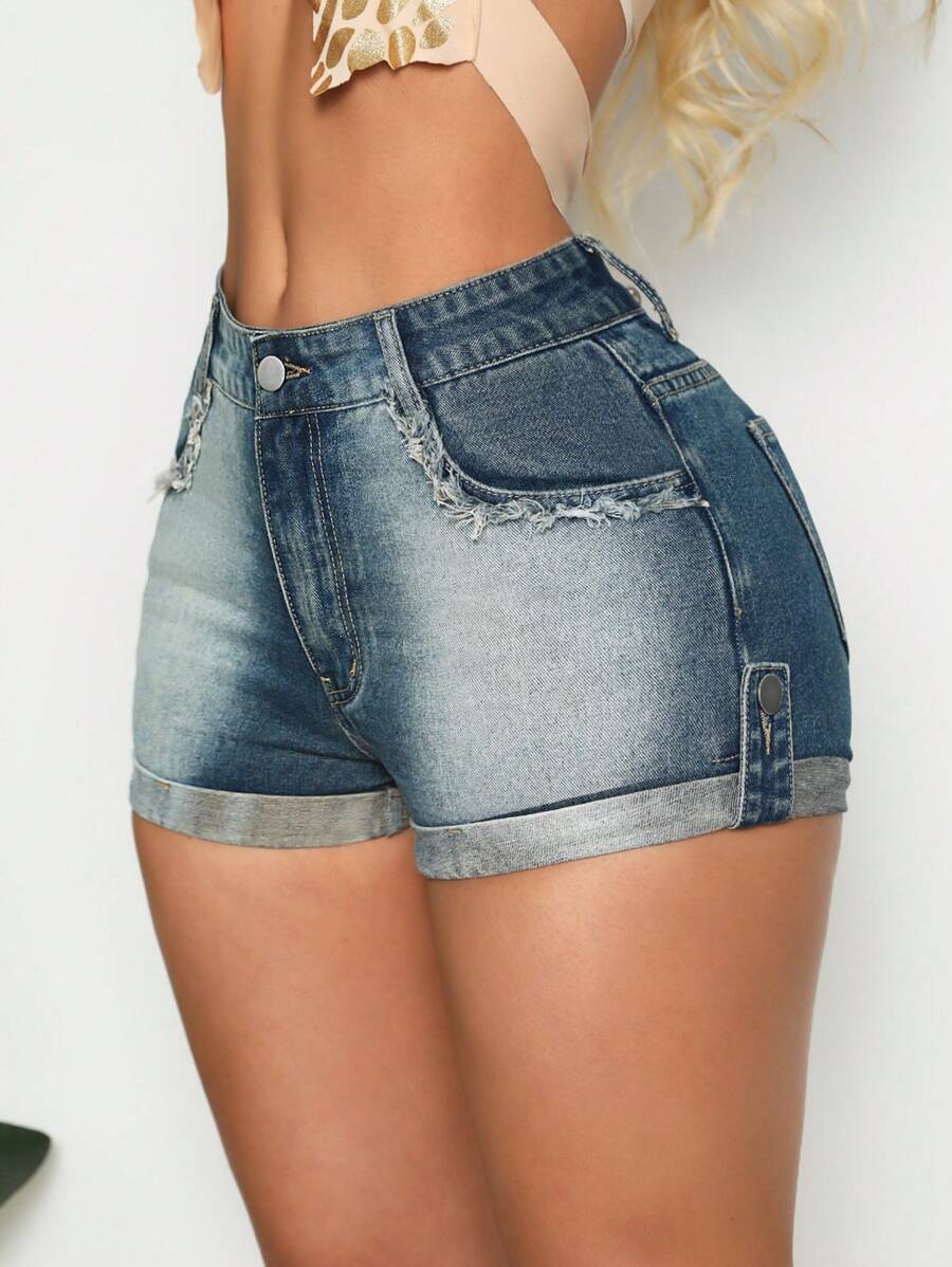 SHEIN SXY 復古捲邊修身牛仔短褲，磨損邊緣，夏季 - 深色水洗藍 - 查看 1