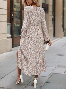 SHEIN Clasi Women's Round Neck Ditsy Floral Long Sleeve Holiday Dress Maxi Women Outfit