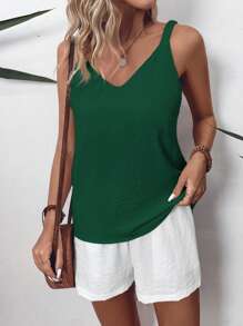 SHEIN LUNE Women's V-Neck Simple And Fashionable Texture Fabric Backless Tank Top, Loose And Comfortable