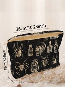 ROMWE Goth Skull & Insect Specimen Pattern Double-Sided Printed Corduroy Cosmetic Bag - Multicolor - View 3