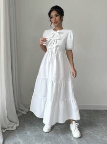 Breezaya Váy Maxi Tay Phồng Cổ Buộc Màu Trơn Cho Nữ - trắng - Xem 5