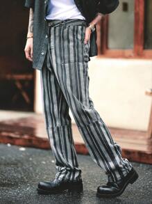 Manfinity Homme American Style Vintage Men's Black Pinstripe Denim Workwear Straight Jeans