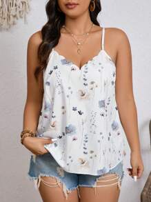 SHEIN Frenchy Top canotta da donna taglie comode, stile boho con scollo a V, stampa floreale ad inchiostro, orlo decorato a balza, ideale per l'estate - Multicolore - Visualizzare 3