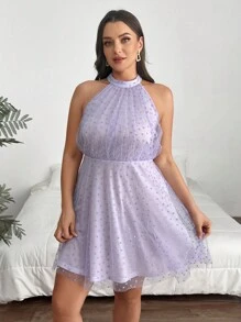 SHEIN Privé Plus Size Women's Cute Lavender Summer Sheer Polka Dot Dress With Heart Pattern,Wedding Guest Bow Tie Waist Dress For Dinner Parties - Mauve Purple - View 3