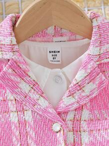 Tween Girl Plaid Sleeveless Open-Front Jacket And Long-Sleeved Button-Front Dress Set, Casual Vacation