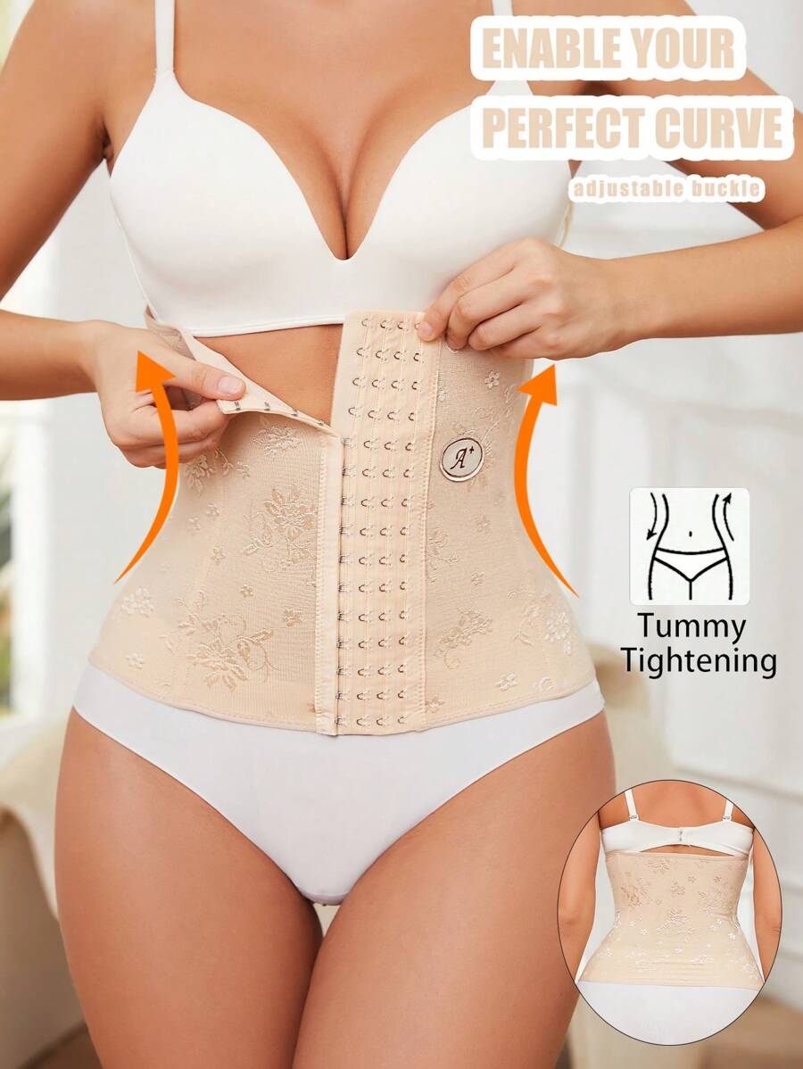 Jacquard Front Closure Tummy Control Body Shaper Waist Trainer Belt - Apricot - View 1