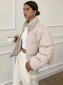 DAZY 女士立领纹理丝绒纯色夹克冬季女式外套 - 杏色 - 查看 7