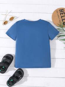 Playera azul linda de verano con estampado de dinosaurio y patín para niños - Azul Marino - Ver 2