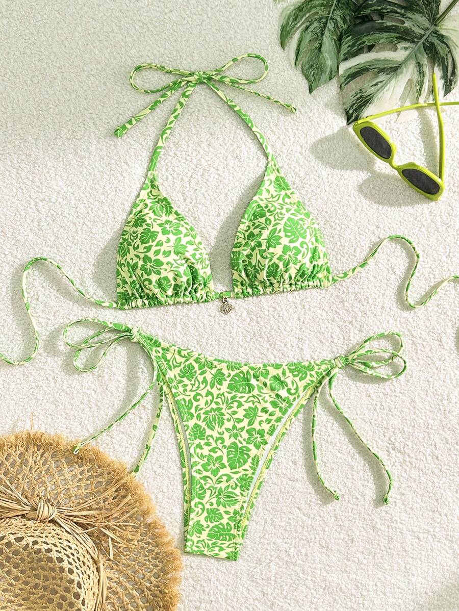 SHEIN Swim 印花沙滩装两件套比基尼套装，印花图案随机选择夏日海滩 - 綠色 - 查看 1