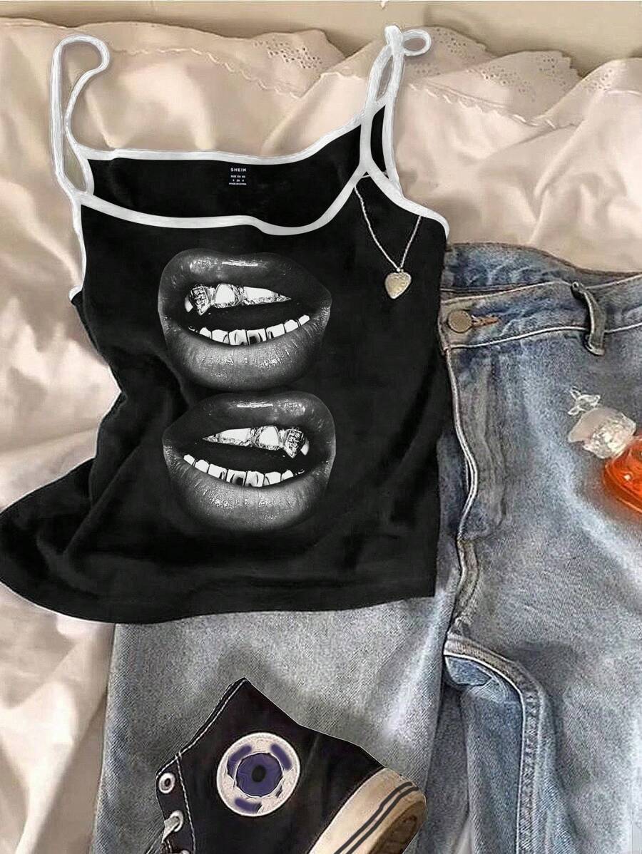 Attitoon 女性嘴唇印花休閒性感緊身背心，適用於夏季 - 黑色 - 查看 1