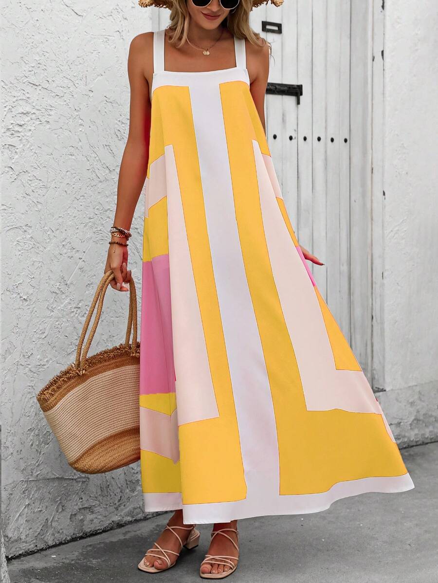 Chiquease 女式极简主义不对称印花细肩带连衣裙，适合日常穿着，超长度假海滩装 - 彩色 - 查看 1
