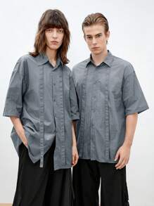 Mainfolk Men's Solid Color Woven Short Sleeve Loose Fit Casual Shirt, Suitable For Summer - Grey - View 1