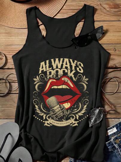 Attitoon Vintage Lip Print Women's Casual Tank Top, Suitable For Summer