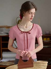 Simple Retro 女性圓領拉繩拼色針織T卹，夏季 - 粉色 - 查看 3