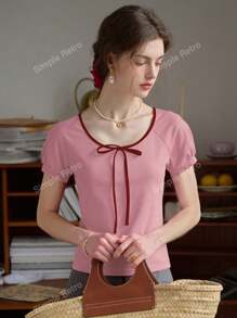 Simple Retro Women Round Neck Drawstring Color Block Knitted T-Shirt, Summer