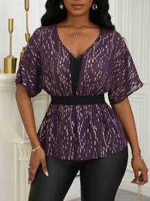 SHEIN Clasi Áo sơ mi ngắn tay in họa tiết cánh dơi cổ chữ V cho nữ - Màu tím - Xem 4