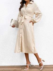 SHEIN Vestido casual de maternidad sólido con botones delanteros y cinturón