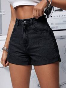 SHEIN PETITE 女款休閒丹寧捲邊短褲，夏季日常穿著，適合嬌小女性 - 黑色 - 查看 5