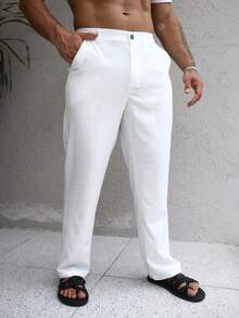 Manfinity Homme Men's Summer Casual Simple And Linen Textured Vacation And Daily Versatile White Pants, Going Out Plain Long Tapered Slacks Pants, For Husband, Boyfriend Gifts, For Fall Baggy Couple - White - View 4