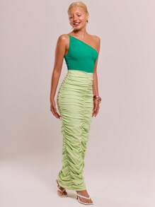 MUSERA Contrast Asymmetric Ruched Holiday Maxi Dress Spring Sexy Cute Summer - Multicolor - View 4