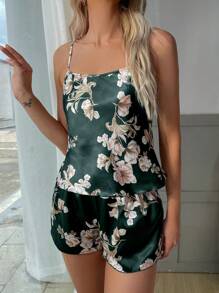 女士花卉休闲夏季吊带背心和短裤睡衣套装（含短裤） - 墨綠色 - 查看 5