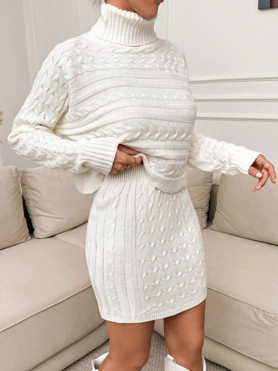 EURMUSE Turtle Neck Cable Knit Batwing Sweater & Mini Cable Knit Sweater Skirt 2 Pieces Skirt