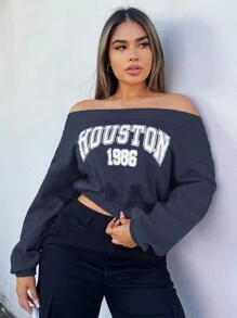 SHEIN SXY Lente off-shoulder korte damessweatshirt met letterprint