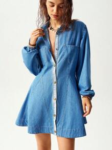 Bohemela Đầm mini dài tay denim dáng rộng cho nữ cho kỳ nghỉ mùa thu - Rửa tối - Xem 1