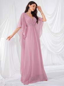 UNITHORSE 褶皱紧身胸衣刺绣和珠饰点缀 A 字形礼服，深 V 领前后伴娘礼服 - 粉色 - 查看 5