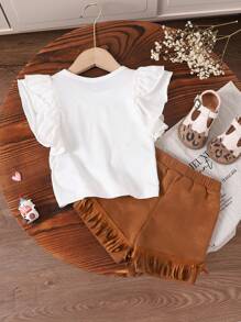 寶寶女孩圓領蕾絲短袖上衣和口袋短褲套裝，帶有字母印花 - 棕色 - 查看 2