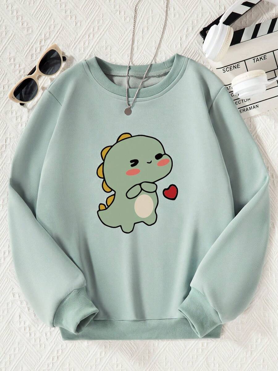 SHEIN 秋冬款 Tween Girl 休闲圆领套头羊毛运动衫,带有简单的恐龙图案 - 綠色 - 查看 1