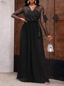 SHEIN Lady Elegant Shiny Textured Mesh & Chiffon Pleated 2 In 1 Jumpsuit For Women's Party - Black - View 1