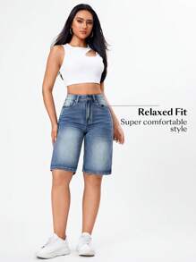 SHEIN EZwear 夏季高腰百慕達丹寧短褲 - 藍色 - 查看 3