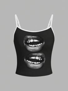 Attitoon 女性嘴唇印花休閒性感緊身背心，適用於夏季 - 黑色 - 查看 3