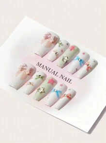 Perceculejo 艺术家 10 件甜美奶油风格彩色蝴蝶结和星星水钻手工制作可拆卸可重复使用假指甲含凝胶，节日，情人节