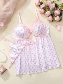 SHEIN مجموعة دعامة صدر مثيرة للنساء بحجم زائد مع طباعة عشوائية - وردي - مشاهدة 1