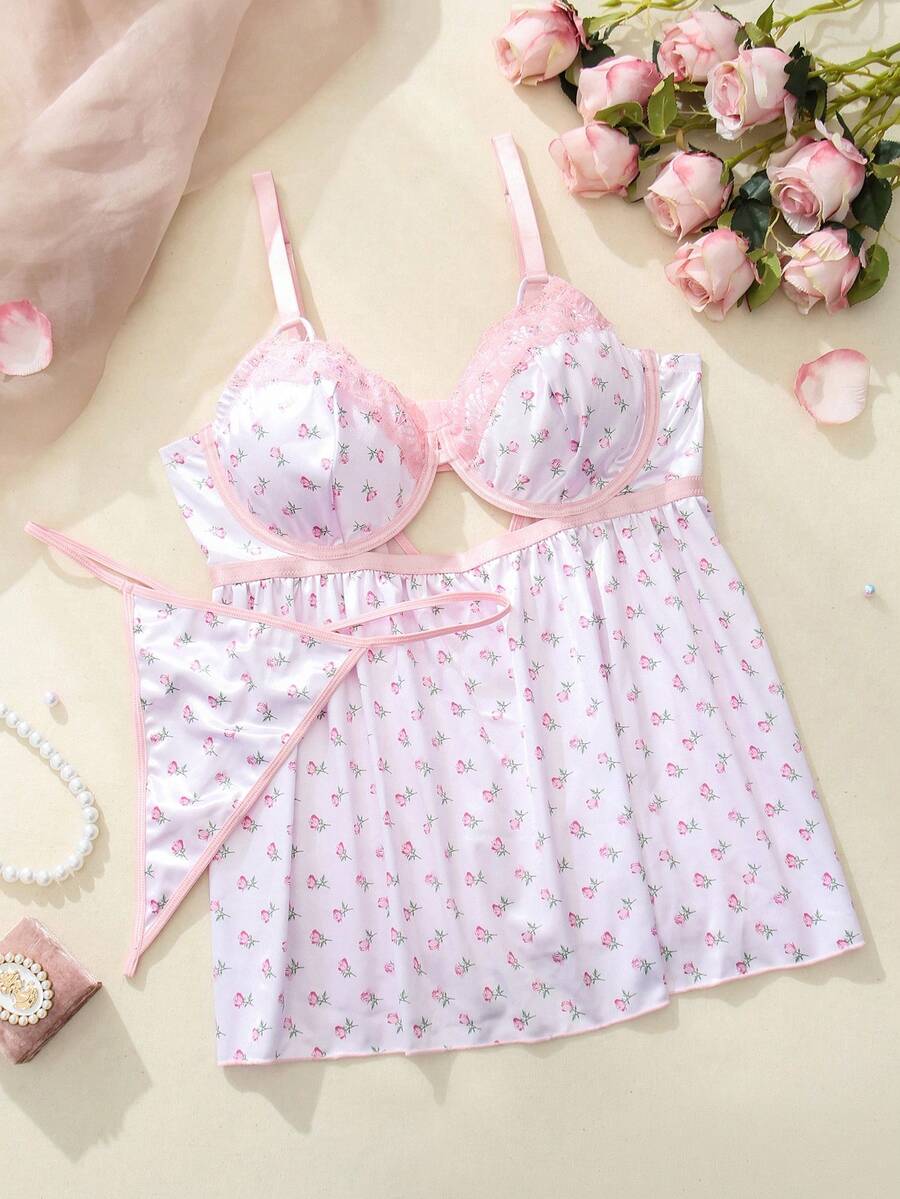 SHEIN مجموعة دعامة صدر مثيرة للنساء بحجم زائد مع طباعة عشوائية - وردي - مشاهدة 1