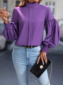 Chiquease Blusa morada de manga larga con cuello alto para mujer en otoño - Morado - Ver 6