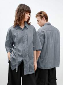 Mainfolk Men's Solid Color Woven Short Sleeve Loose Fit Casual Shirt, Suitable For Summer - Grey - View 6
