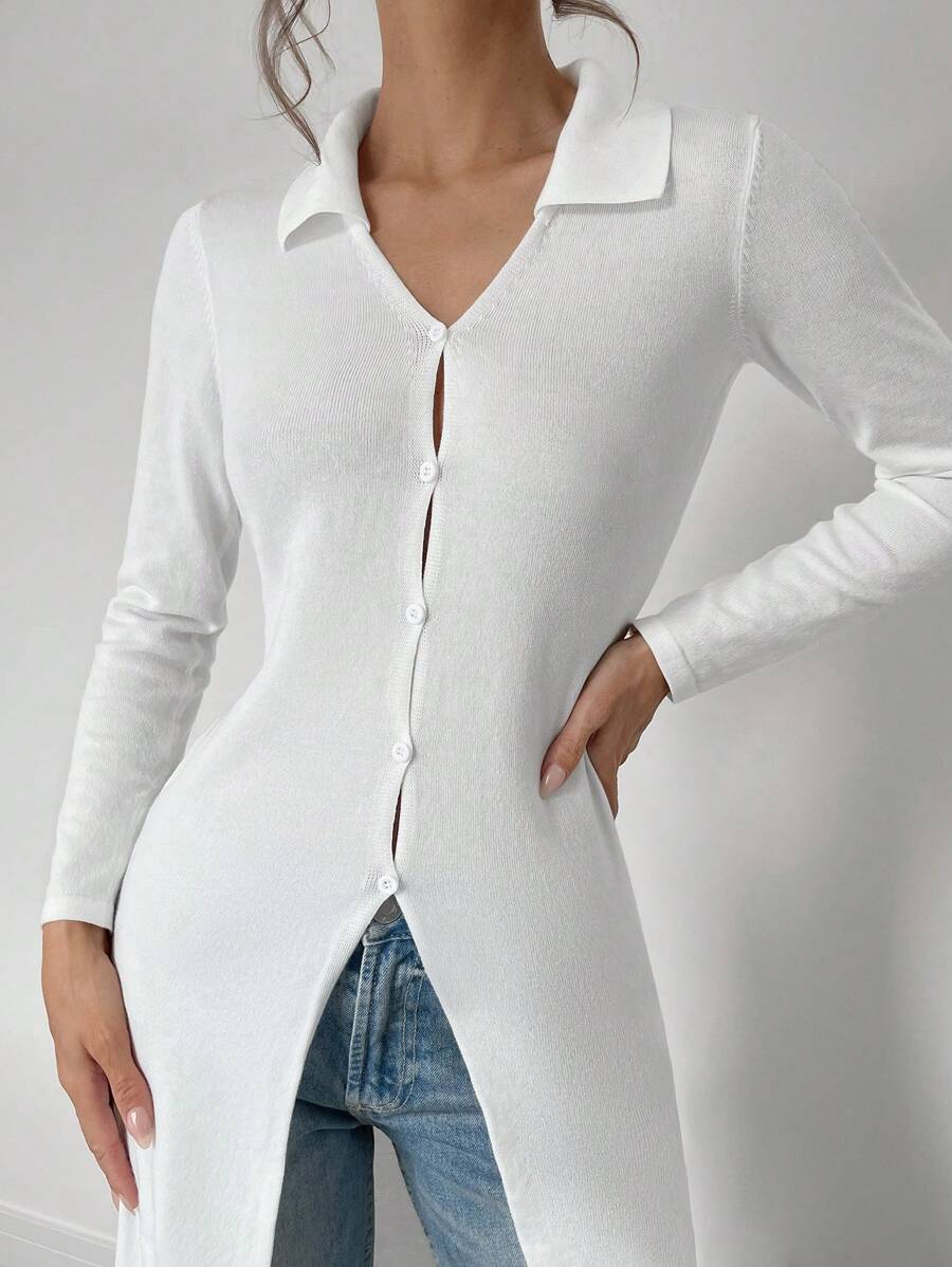 SHEIN Essnce Ladies' White Long Cardigan Sweater, Autumn Fashion - White - View 1