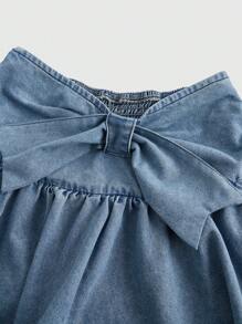 ROMWE Kawaii Buổi hòa nhạc Phục sinh tốt nghiệp bãi biển mùa hè Nashville Vintage Western dành cho phụ nữ, Lễ hội Raves, Váy ngắn denim cổ điển cỡ lớn viền bèo nhún buộc phía trước dễ thương - Màu xanh lam - Xem 3